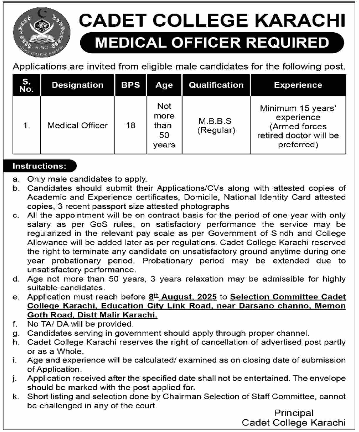 Jobs in Cadet College Karachi